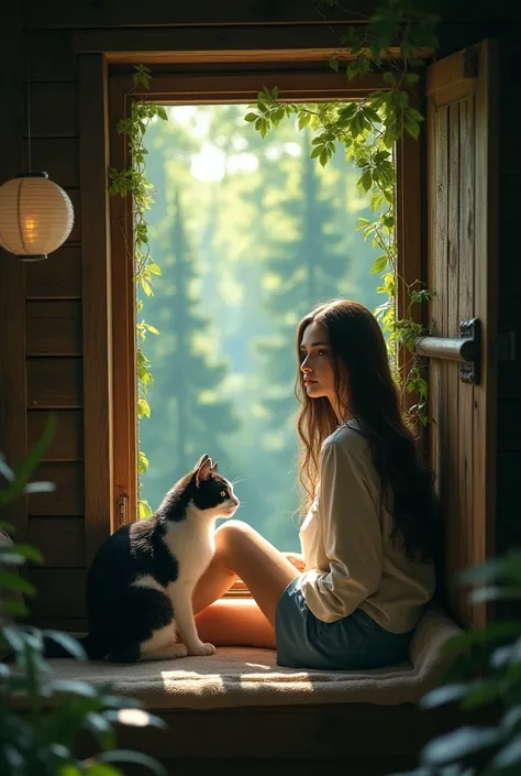  Wooden cabin in the dense forest .  On the window a round white mashe paper lamp, a very beautiful girl, beautiful,  with a bicolored cat . black and white