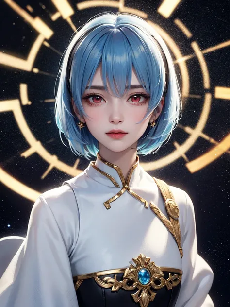 masterpiece, Best Quality, 8k,  detailed skin texture , Detailed cloth texture,  beautiful detailed face ,  complicated details, Super detailed, Portrait of Rei Ayanami,Pixieカット, Blue Hair, Red eyes, 頭にBlack accessories,Red eyes，Light blue starry backgroun...