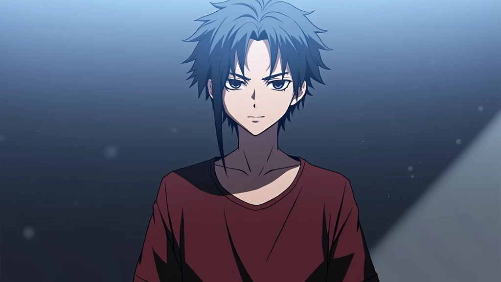 Spawns a white guy with black eyes and hair on the left side and black eyes and hair on the right side in the style of kimetsu no yaiba. His hair is short and unkempt, with a red t-shirt. 