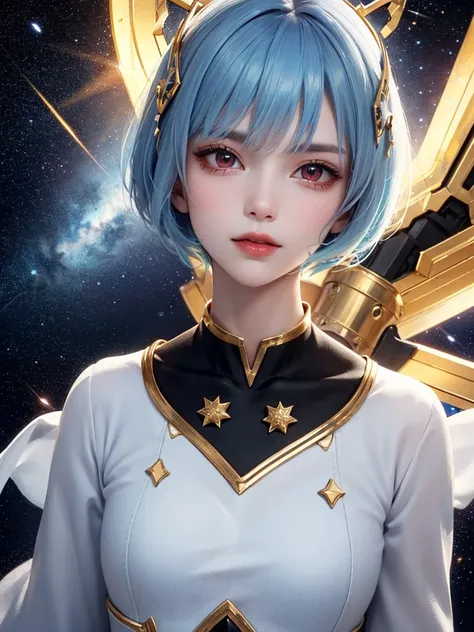 masterpiece, Best Quality, 8k,  detailed skin texture , Detailed cloth texture,  beautiful detailed face ,  complicated details, Super detailed, Portrait of Rei Ayanami,Pixieカット, Blue Hair, Red eyes, 頭にBlack accessories,Red eyes，Light blue starry backgroun...