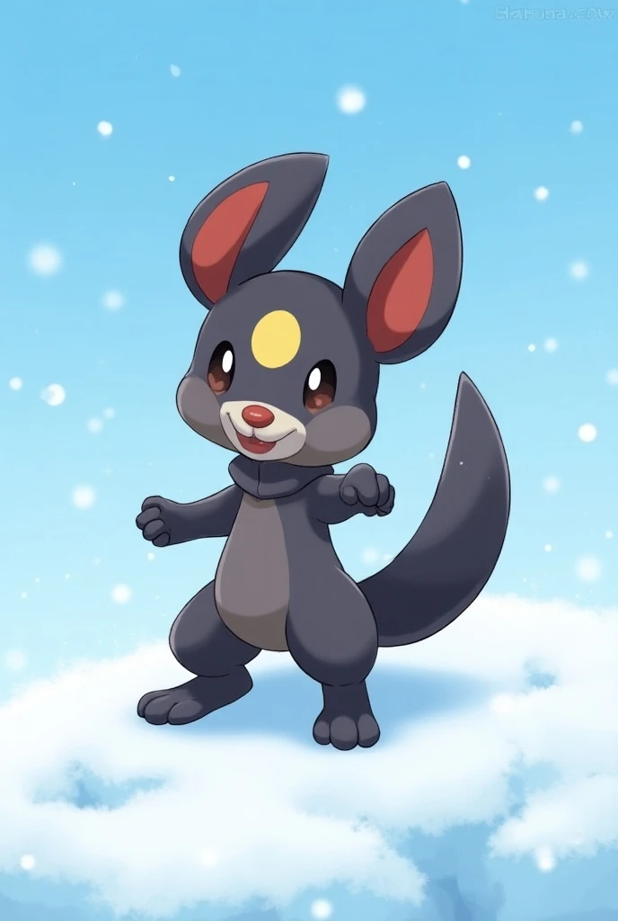  Snibunna stands on a snow-covered hill , surrounded by shimmering ice crystals.  It has a cheerful expression and his ears blow in the cold wind .  The background shows a clear blue sky with soft snowflakes . The small ,  agile and weasel-like Pokémon has...