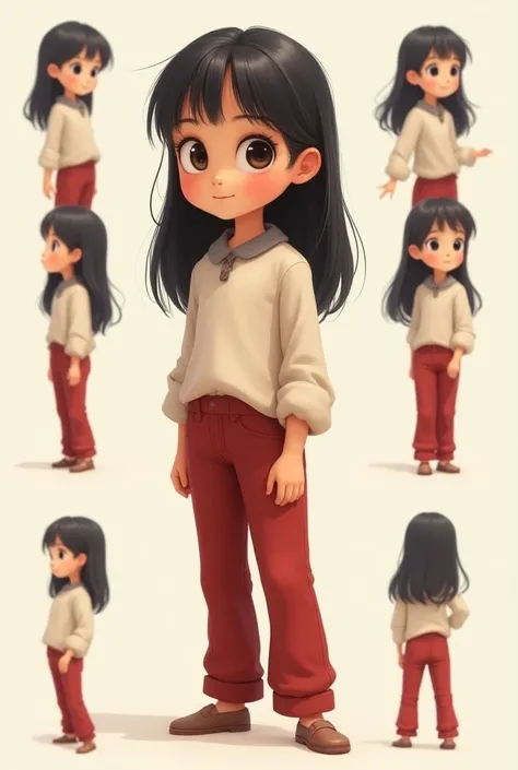 Five-year-old baby girl with black hair and straight and long with a blouse and red trousers in standing poses from different angles