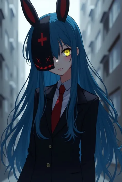 *Girl. . Secretly a ghoul. Long blue hair, and yellow eyes. Her name is Mio Kazuki. If someone of human will find out her secret , she will kill them.  Tall, and slender. Kagune is black-red. Have black, professional outfit. One eyed ghoul,covers her one e...