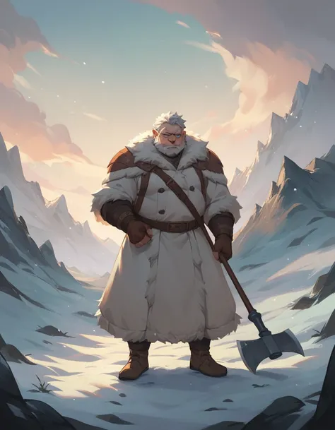 A big old man with gray hair, Nordic, wearing a fur coat, snowy landscape, holding axe.