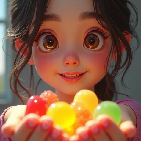 A YOUNG WOMAN HOLDING GUMMIES(FOCUS:GUMMIES,WOMAN FACE)