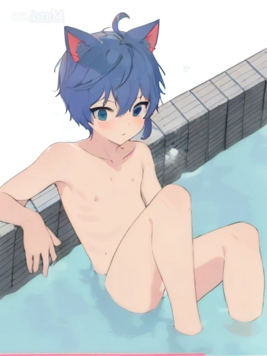 Cat Ear Boy， short blue hair，Swimming pool，rainbow，Naked Boy， sweaty，Big fluffy tail，Anime illustrations