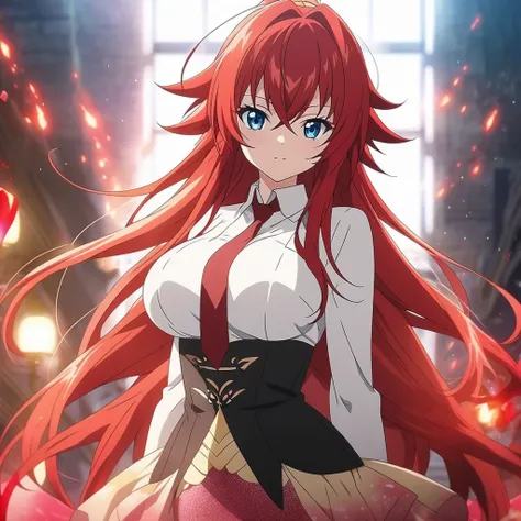 anime girl with long red hair and white shirt and red tie, rias gremory, seductive anime girl, (anime girl), anime best girl, beautiful anime girl, anime girl with long hair, glowing red, pretty anime girl, anime girl, attractive anime girl, beautiful anim...