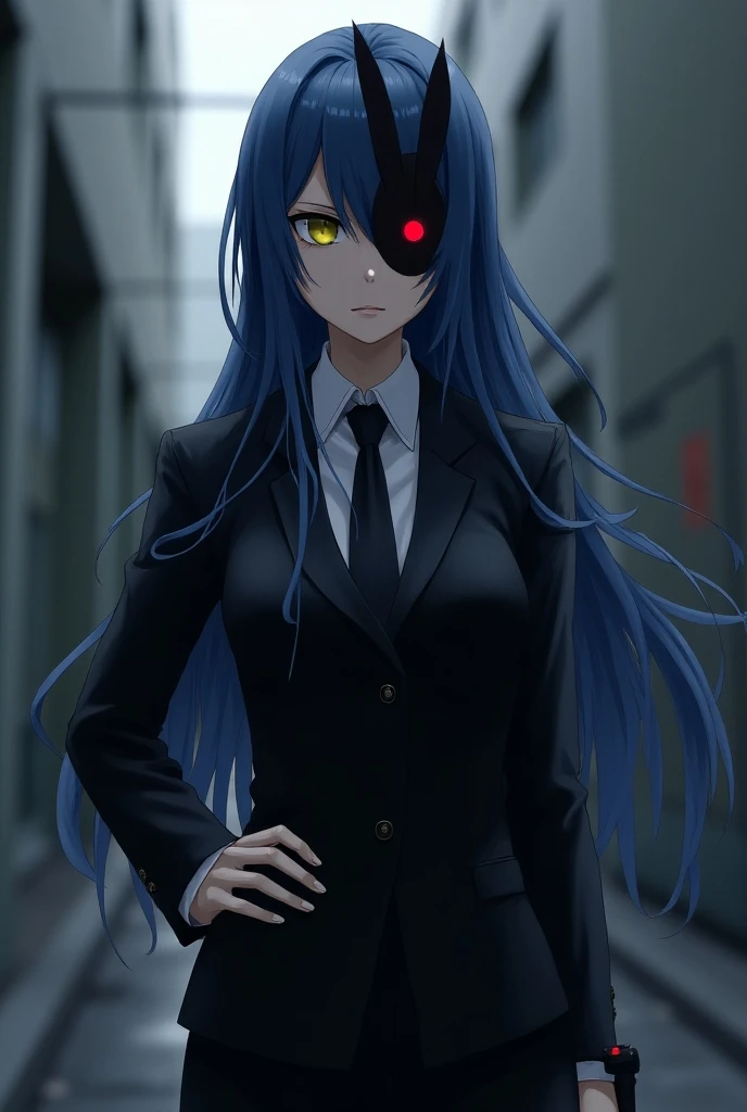 *Girl. . Secretly a ghoul. Long blue hair, and yellow eyes. Her name is Mio Kazuki. If someone of human will find out her secret , she will kill them.  Tall, and slender. Kagune is black-red. Have black, professional outfit. One eyed ghoul,covers her one e...