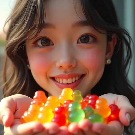 A YOUNG WOMAN HOLDING GUMMIES(FOCUS:GUMMIES,WOMAN FACE)