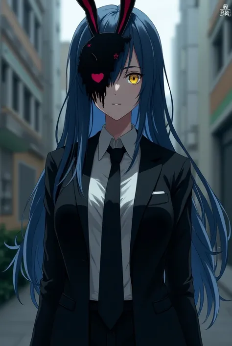 *Girl. . Secretly a ghoul. Long blue hair, and yellow eyes. Her name is Mio Kazuki. If someone of human will find out her secret , she will kill them.  Tall, and slender. Kagune is black-red. Have black, professional outfit. One eyed ghoul,covers her one e...