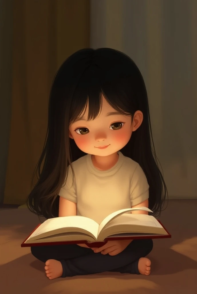 The five-year-old  with long, straight black hair is in a sitting posture and reading a book face to face and smiling gently