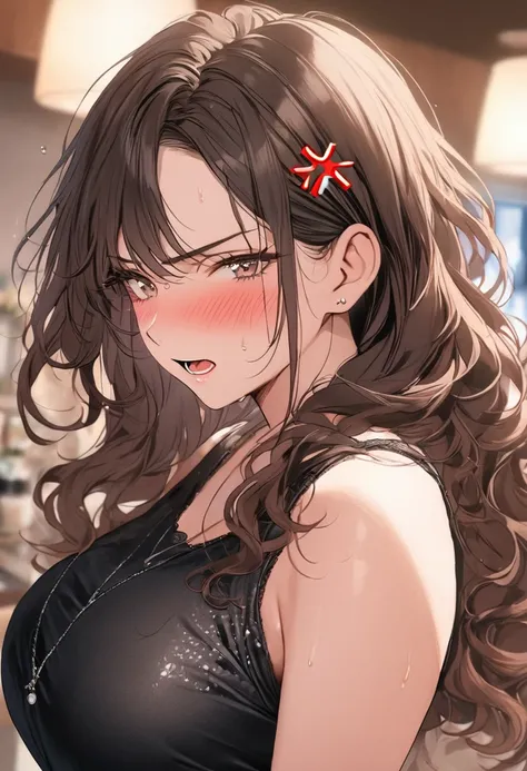 (( best quality)), ((masterpiece)), ( Details), (1 girl), sexy,  with bright brown hair and a 120cm bust,  wavy hair ,  mature women, Watery-eyed mother, living, Scream in anger, black top in casual fashion, Blushing and glaring, Rocket Boobs