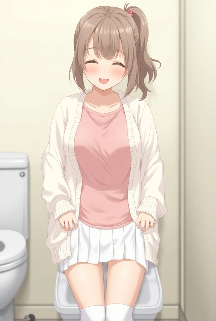  1 girl,  CACP, Brown Hair,  ponytail, Pink T-shirt, White cardigan, White knee-length skirt ,  white panties on the calves , toilet, Private room, toiletに座る,  thin light yellow pee ,  Close Your Eyes , Open your mouth slightly,  make the skirt on the back...