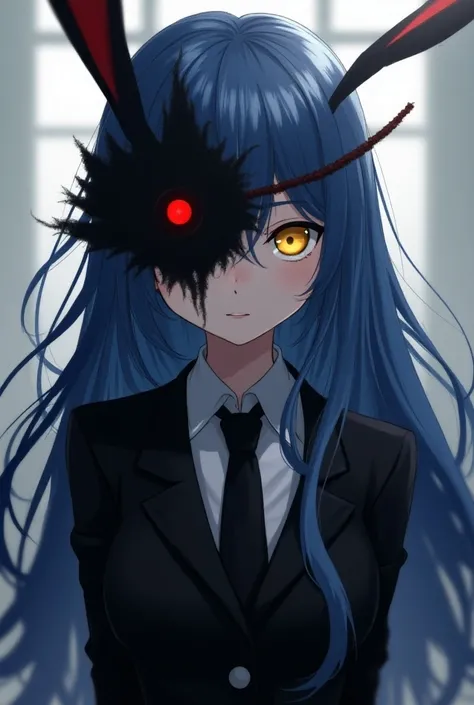 *Girl. . Secretly a ghoul. Long blue hair, and yellow eyes. Her name is Mio Kazuki. If someone of human will find out her secret , she will kill them.  Tall, and slender. Kagune is black-red. Have black, professional outfit. One eyed ghoul,covers her one e...