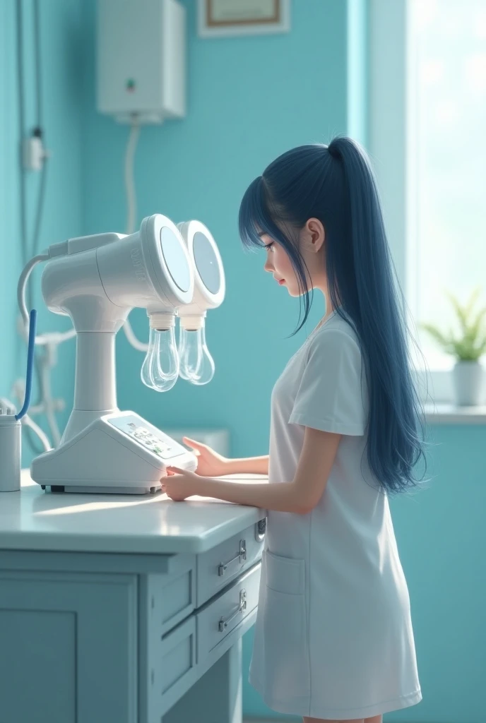 A proper teenage girl in small size stand near of women electric double breast pump on the table .  Dark blue long hair.  Beautiful look. In nurse medical room. 