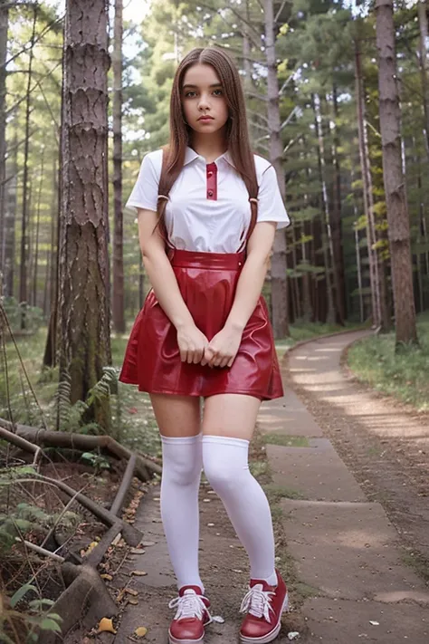   Cute teen beautiful curvy schoolgirl ,  beautiful cute teen face , red leather skater pinafore dress ,  transparent white blouse, short sleeves , brunette long hair,  beautiful eyes. stockings,  Sneakers,  schoolgirl - standing in the woods ,   photoreal...