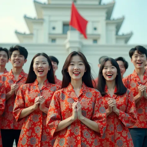  Professional photography featuring 6 handsome young Korean men and 4 beautiful Korean girls, who wears matching batik clothes , being excited by clenching her hands ,   in front of a white building with a red and white flag on it , . ultrahd+, realistic, ...