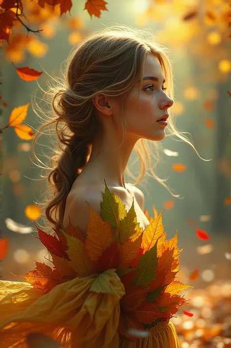  an autumnal beautiful girl wearing a leaf blouse, followed by yellow-green-red leaves 