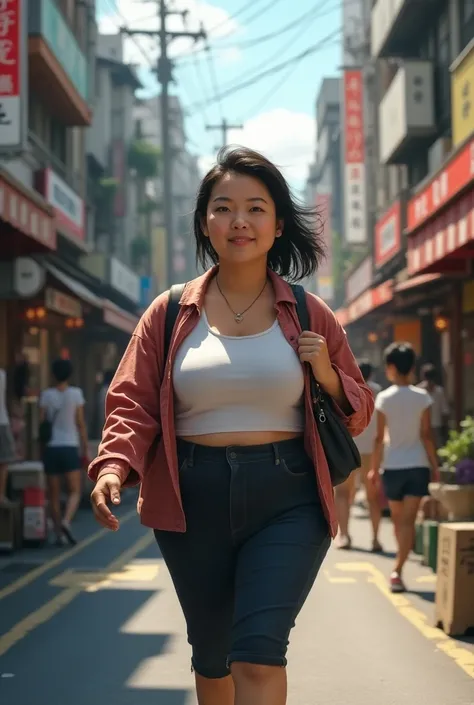 Fat and ugly Japanese woman, 25 years old, walking around the city