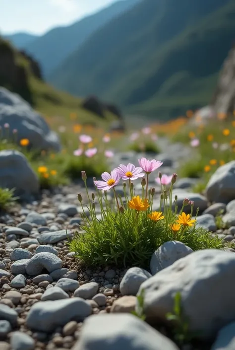 Flowers in the middle of the rocks on the road