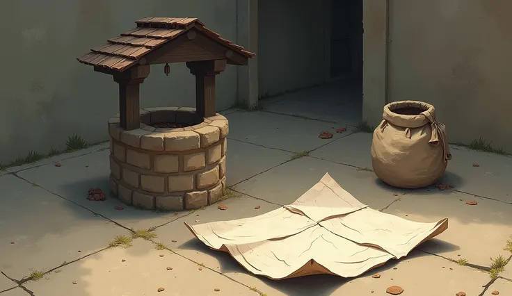 The crumpled paper lies on the ground, with the well and the sack of seeds nearby, untouched.


