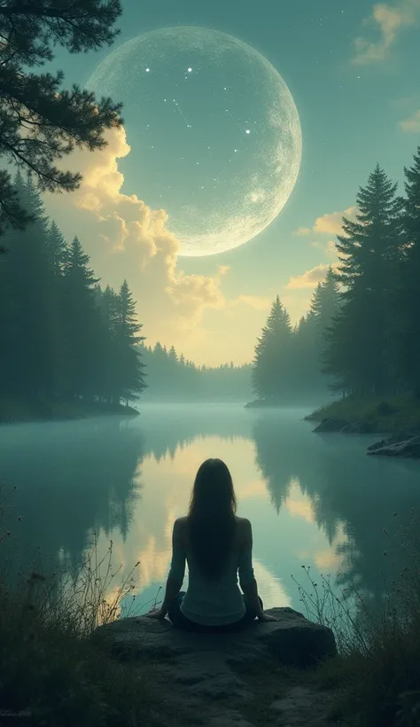 Depict a person sitting alone in a peaceful, natural setting—like a forest or by a lake—where the sky and surroundings are filled with faint, glowing constellations and mystical shapes. These celestial symbols and patterns appear subtly in the clouds, tree...