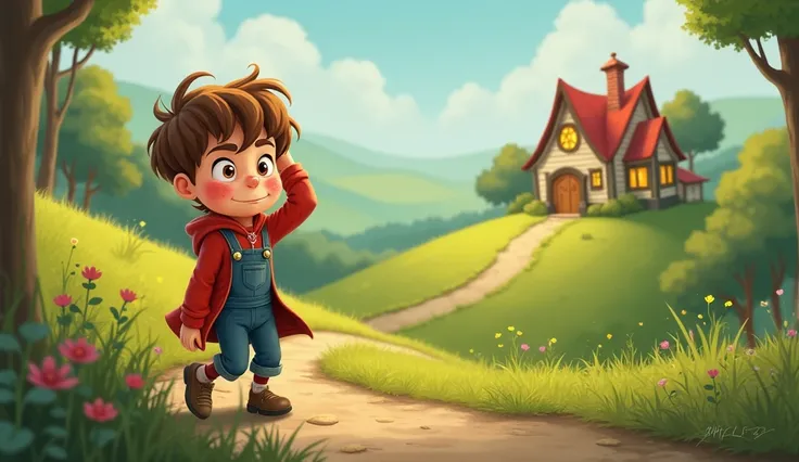 Jack and Jill Rhymes 
"Up cute little Jack got and home did trot"
Show Jack slowly standing up, looking a bit bruised but determined, as he starts walking back down the hill towards a cozy cottage in the distance. He holds his head, clearly in pain but mak...