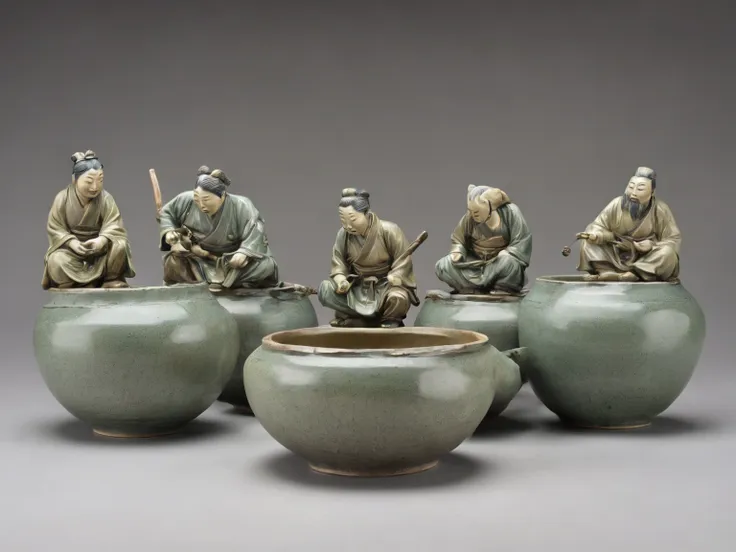 there are lots of figurines of people sitting in bowls, inspired by shunkōsai hokushū,  inspired by kawanabe kyosai , inspired b...