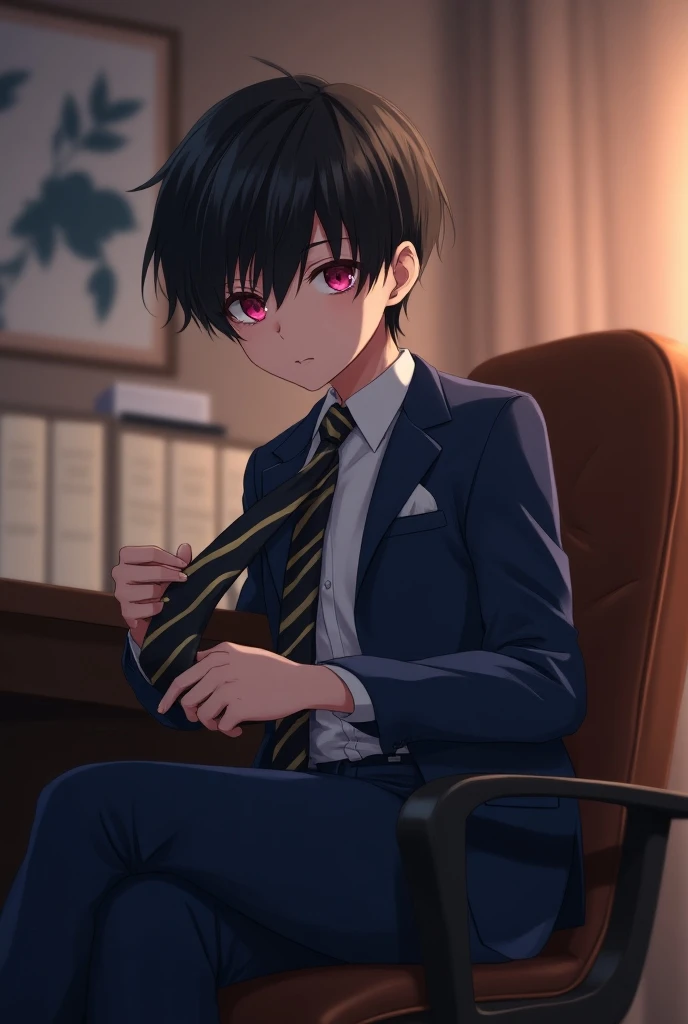 (AnimeVersion), indoors, A man who is very fragile and has a body of a teenager, wearing a blue office suit with black hair and dark pink eyes sitting in a chair in an office behind the desk,warm lights while grabbing a tie of another man who is standing o...