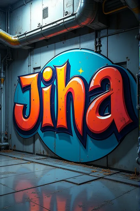 a text written JIHA, graffiti style, aerospace as background