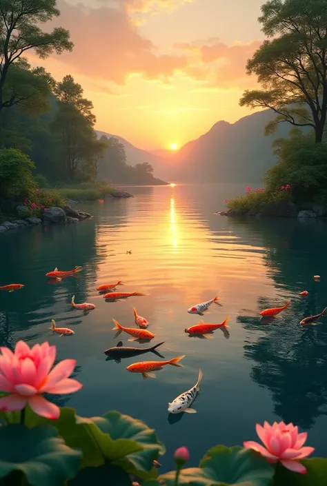 Beautiful sunrise over a lake and koi fishes swimming in the lake and lotuses blooming 

