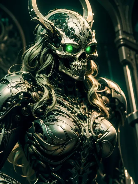 (highly detailed 8k wallpaper), a terrifying female necromancer character, greenish neon eyes ,  armor made of futuristic skelet...