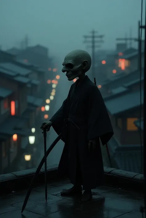  A Creepy Fairy Tale Puppet Samurai-Japan Car、Live-action footage、8k、Kyoto city、toon character Carlson on a dark, shadowy rooftop, (best quality,4K,8k,highres,masterpiece:1.2),ultra-detailed,(realistic,photorealistic,photo-realistic:1.37),HDR,UHD,studio li...