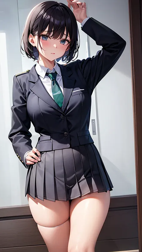 ｛wet  school uniform, long sleeve shirt , blazer , darkgreen tie ,see through｝, transparent , Bondage , cute short haired high school girl wearing wet, ｛｛｛all fours｝｝｝ , see through , ｛｛spread legs｝｝,  plaid pleated skirt ,Panty shot,｛｛｛ big breasts and er...