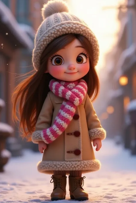   Disney - Pixar movie poster Girl  is skin white  long hair colour brown wearing coat , Woolen hat , boot , scarf  colour pink and white . Disney - Pixar cartoon 3D style . 