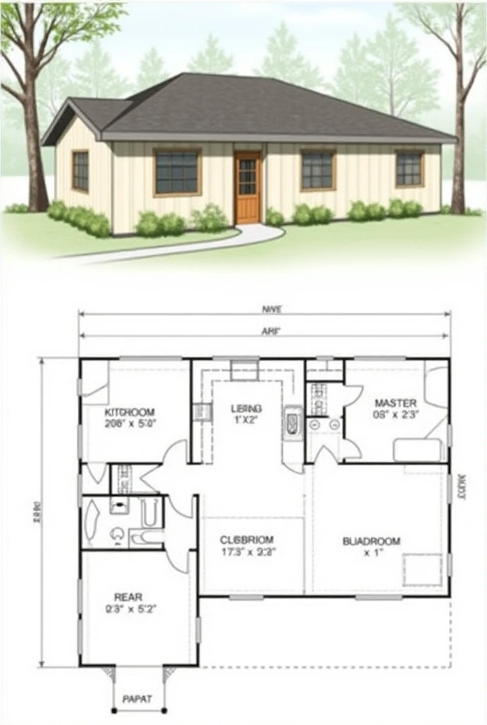  Make me House plan 1 each on 1 level  .  1 carport for 1 vehicle  . 1 kitchen ,  1 dining area  , 1 living room  ,  1 rear terrace  ,  1 master bedroom with its bathroom and dressing room with small closet  ,  1 room with simply 1 bathroom and a closet  ,...