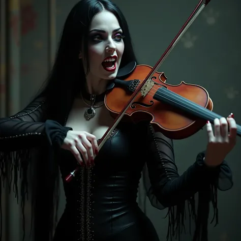 an impressive white-skinned gothic vampire woman playing a violin,  with very long black hair down to her feet, wearing a black gothic corset, (classic black metal makeup, paint) (playing a violin), aggressiveness on her face, open mouth showing teeth or s...