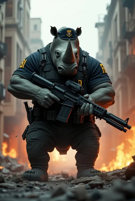 Imagine a super strong rhinoceros standing with a machine gun in its hand, with an FBI uniform and FBI cap on its head, in a city full of destruction and fire. 