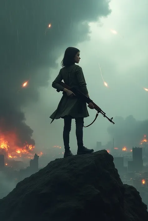 request: a girl with an ak 47 is standing on a mountain looking at the ruined city and the rain in the sky is flying, fiddlers, ballistic rockets and explosions