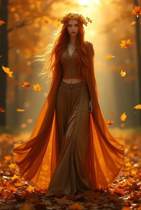 A radiant and enchanting (((Nordic goddess))) gracefully standing amidst a vibrant autumn landscape. Her flowing auburn locks cascade down her shoulders, adorned with a crown of golden leaves that mirror the colorful foliage surrounding her. The ground is ...