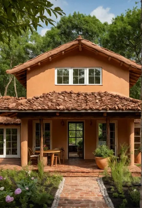 A beautiful single-story earthen house made from natural clay materials. The house has a warm and organic design with a curved or hip roof. It features two bedrooms, a central living room with large windows for natural light, and an open, cozy layout. Ther...