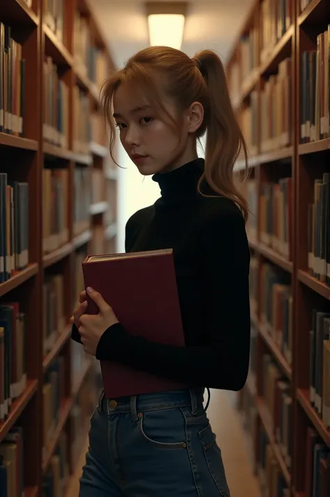 

Promnt : A korean woman stands in a cozy, dimly lit library, clutching a maroon book to her chest. She is wearing a black turtleneck sweater and high-waisted blue jeans, with her blonde hair tied back in a ponytail, letting loose strands fall around her ...