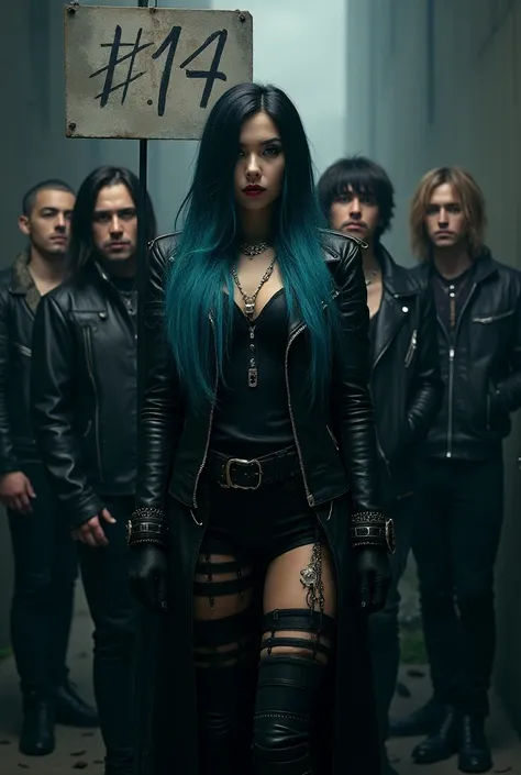 Realistic, a 5 piece electro industrial band, with the main vocalist being a woman with black hair fading into blue. They all are wearing dark, rock clothes and the woman is showing a banner with "#14" written on it.