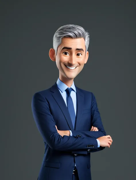 3d cartoon style, 50 years old man, short gray hair, little hair, in a dark blue suit and light blue shirt, no tie, smiling at the camera, foto perfil, commercial shot., face is brightly lit