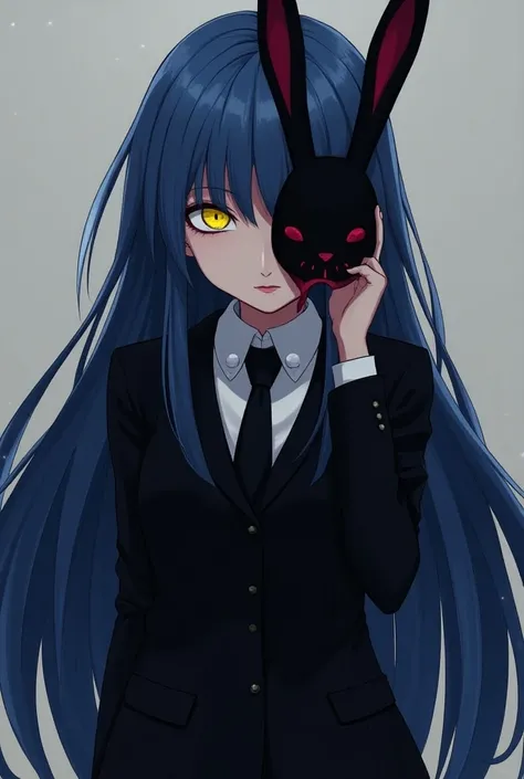 *Girl. . Secretly a ghoul. Long blue hair, and yellow eyes. Her name is Mio Kazuki. If someone of human will find out her secret , she will kill them.  Tall, and slender. Kagune is black-red. Have black, professional outfit. One eyed ghoul,covers her one e...