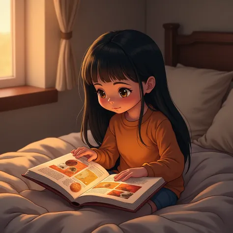 Five-year-old girl with long, straight black hair sits on a bed reading a book about the planet Mars.