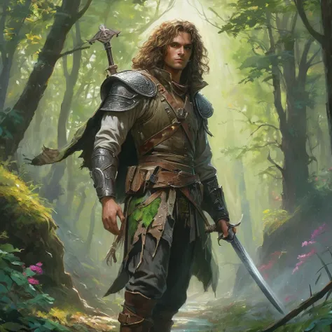 In a vibrant, enchanted forest alive with the sounds of rustling leaves and distant animal calls, a brave teen with wild brown curls walks confidently along a winding path. His back is to us, showcasing a rugged medieval hunter’s outfit—an intricately craf...