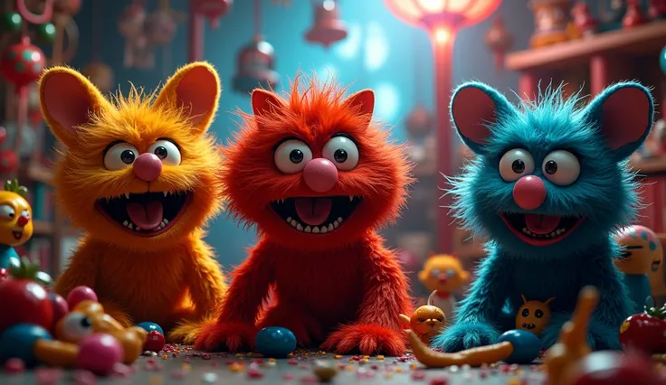 ultra realistic 8k professional photo, muppets of evil, bright colors furry muppets with evil eyes glowing, ren room full of colors, ren toys waking up at night to kill, very detailed, oppressive ambiance eye-catching vivid colors making strong contrasts m...