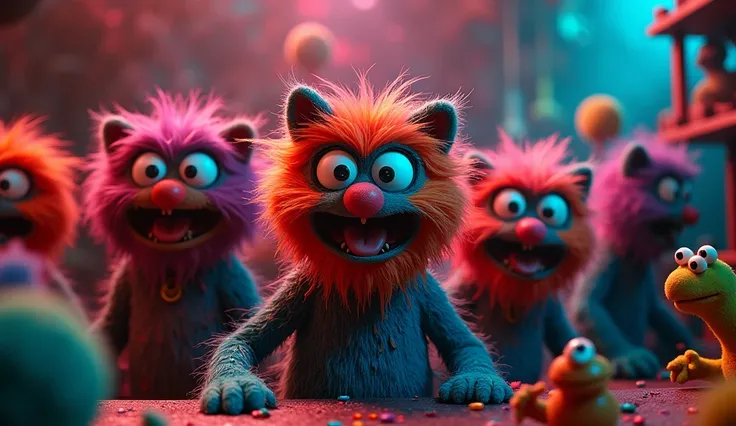 ultra realistic 8k professional photo, muppets of evil, bright colors furry muppets with evil eyes glowing, ren room full of colors, ren toys waking up at night to kill, very detailed, oppressive ambiance eye-catching vivid colors making strong contrasts m...