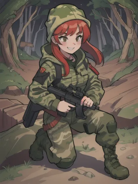 girl with smile and red hair, with a camouflage jacket, camouflage balaclava, camouflage pants and army boots, holding SMG, night, forest, cave,